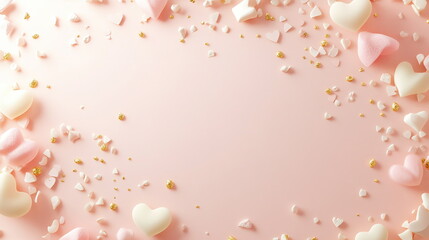 Poster - Soft pastel Valentine's Day horizontal greeting card template with empty copy space with a delicate pink and white gradient, decorated with small candy hearts and rose petals for playful yet romantic