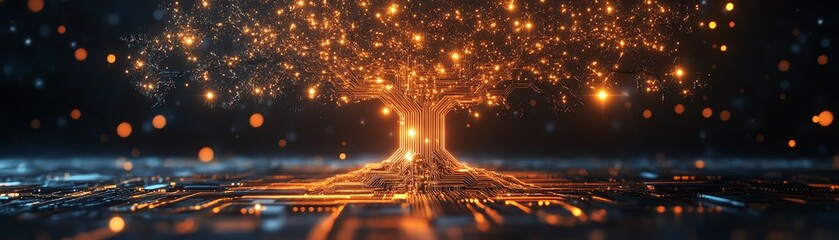 Poster - A radiant tree of light with detailed circuitlike branches rooted in a glowing microchip, shining against a deep black background