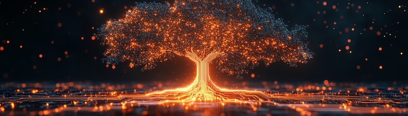 Aufkleber - A radiant tree of light with detailed circuitlike branches rooted in a glowing microchip, shining against a deep black background
