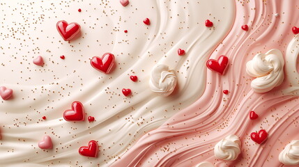 Poster - Sweet Valentine's Day horizontal social media template with empty copy space with heart-shaped candies in pink, red, and white on a soft cream background, accented delicate swirls subtle gold sparkles