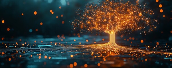 Leinwandbilder - A surreal tree of light with complex circuitry branching out from a glowing microchip, symbolizing technology and progress on a dark background