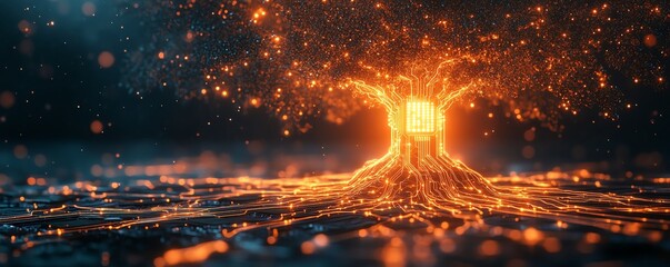 Leinwandbilder - A surreal tree of light with complex circuitry branching out from a glowing microchip, symbolizing technology and progress on a dark background