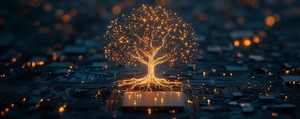 Leinwandbilder - A surreal tree of light with complex circuitry branching out from a glowing microchip, symbolizing technology and progress on a dark background