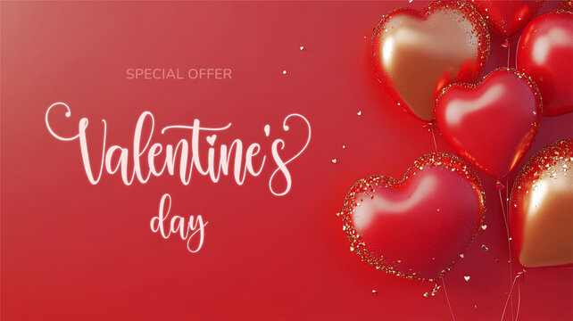 Horizontal Valentine's day banner with elegant text Valentine's day sale. Web banner 16:9 background, romantic luxurious with lettering calligraphy greeting text Bright red Valentine day