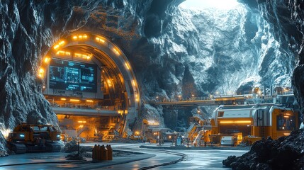 Poster - futuristic underground coal mining operation showcasing advanced technology and design