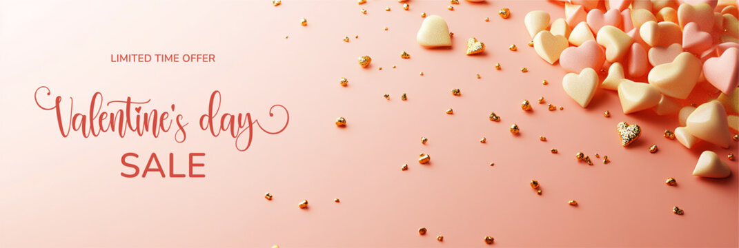 Horizontal panoramic Valentine's day banner with elegant text Valentine's day sale. Wide banner 3:1 background, romantic luxurious with lettering calligraphy greeting text. Soft beige Valentine day