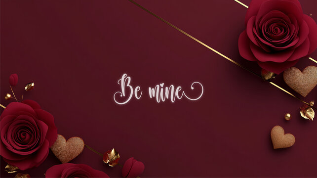Horizontal Valentine's day banner with elegant text Be mine. Web banner 16:9 background, romantic luxurious with lettering calligraphy greeting text Deep red burgundy Valentine day