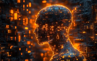 Aufkleber - An intricate circuit board design with a metallic copper human head silhouette at its center, illuminated by soft ambient futuristic lighting