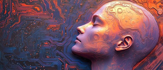 Poster - Futuristic circuit board pattern featuring a human head outline in polished copper, glowing with vibrant electric blue and purple accents