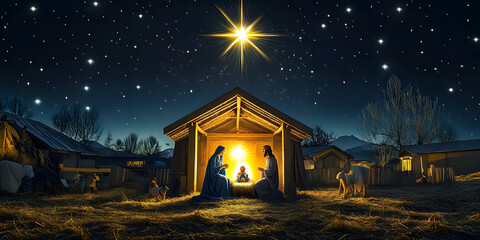Wall Mural - a bright star illuminating the night sky, shining over the manger scene with mary, joseph, and baby 