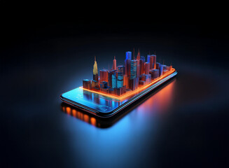 Aufkleber - A futuristic cityscape miniature glows vibrantly on a sleek smartphone, illuminated by neon orange and blue light, reflecting on a dark surface.  The scene suggests technological advancement and urban