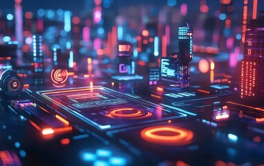 Aufkleber - An abstract digital network with vibrant, interconnected nodes symbolizing advanced communication and data exchange, set in a hightech futuristic world