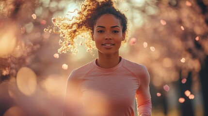 Poster - A young woman jogs through a park during sunset, her hair flowing in the breeze, as cherry blossoms fall around her. The vibrant colors create a lively atmosphere of spring.