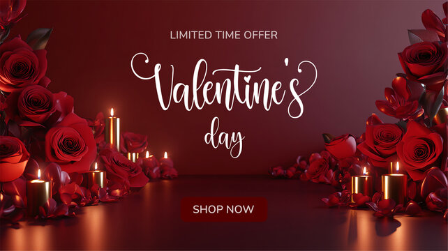 Horizontal Valentine's day banner with elegant text Valentine's day limited time offer. Web banner 16:9 background, luxurious with lettering calligraphy greeting text Deep red burgundy Valentine day