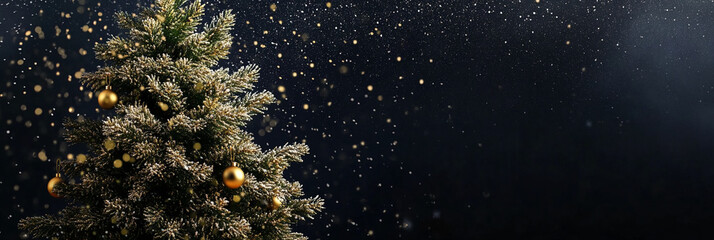 Poster - Sparkling Christmas tree adorned with golden ornaments surrounded by falling snowflakes in a festive atmosphere