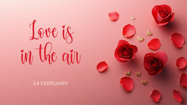 Horizontal Valentine's day banner with elegant text Love is in the air. Web banner 16:9 background, romantic luxurious with lettering calligraphy greeting text Soft pink, beige Valentine day concept