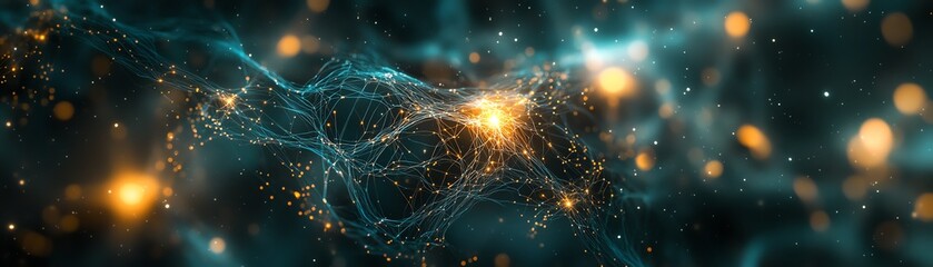 Poster - A complex, abstract network of luminous nodes connected by bright lines, symbolizing digital data exchange and neural networks in a futuristic, techinspired environment
