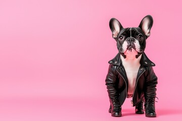 Wall Mural - Fancy dress for fashionable pet dog concept. A stylish French Bulldog in a leather jacket against a pink background