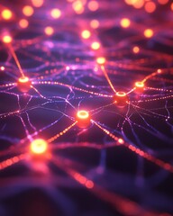 Fototapete - A futuristic, abstract representation of a network of glowing nodes connected by digital lines, symbolizing neural networks and data flow in a techinspired world
