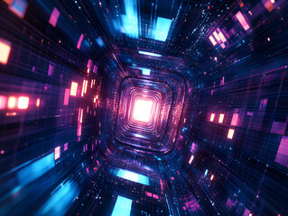 Poster - Futuristic light tunnel journey digital realm abstract art neon environment eye-level perspective concept of digital transformation