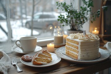 Wall Mural - A slice of cake is on a plate next to a cup of coffee