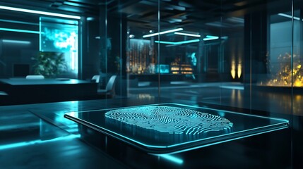 Poster - A photograph showcasing a sleek and sophisticated fingerprint scanner resting on a minimalist office desk its blue glow indicating its active state and providing ample copyspace for various uses