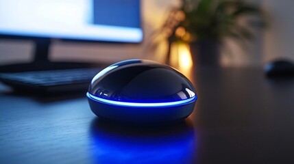 Poster - a photograph of a sleek fingerprint scanner on a modern office desk glowing blue to indicate activat