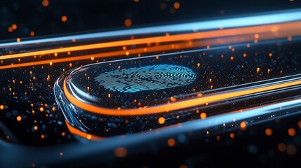 Poster - Futuristic biometric fingerprint scanner embedded in an elegant glass surface glowing softly with a clean modern background that provides ample space for text overlay or branding