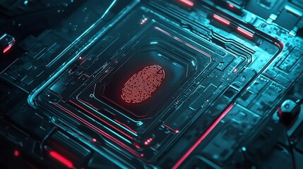 Poster - Close up photograph of a futuristic biometric fingerprint scanner embedded in a sleek glass surface with a soft glowing technology interface