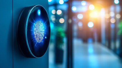 Poster - Detailed Photograph of a Wall Mounted Fingerprint Scanner in a Corporate Building Designed for Secure Access with a Clean and Modern Backdrop
