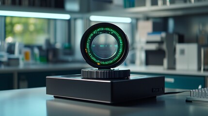 Poster - a photograph showcasing an advanced iris scanner with a futuristic holographic interface displaying 