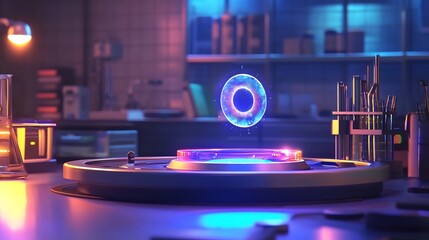 Poster - a photograph showcasing an advanced iris scanner with a sleek futuristic holographic interface displ