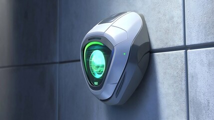 Poster - futuristic iris recognition device glowing with a hologram projecting real time data mounted on a wa