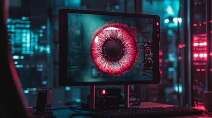 Poster - close up view of a state of the art iris scanner paired with a captivating floating holographic scre