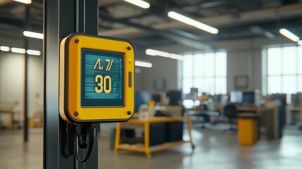 Poster - photograph of an advanced heat detector with a holographic interface displaying real time temperature data set in a modern technologically advanced control room environment