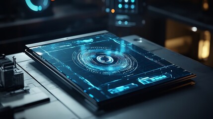 Poster - A close up view of a cutting edge iris scanner paired with a floating holographic screen showing intricate biometric patterns placed in a dimly lit tech focused setting with plenty of copy space
