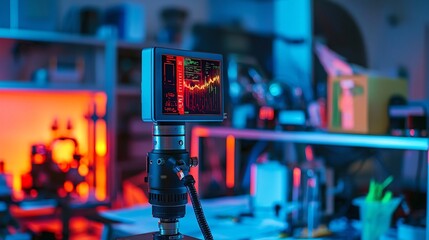 Poster - Close up view of a high tech thermal detector paired with a holographic display presenting detailed thermal analysis