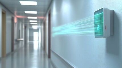 Poster - close up view of an advanced motion sensor device integrated with a holographic display projecting l
