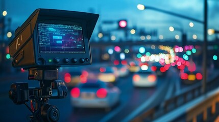 Poster - photograph of a cutting edge speed detection radar gun with a futuristic holographic interface displ
