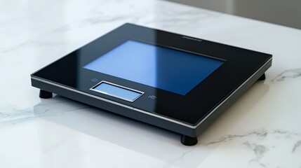 Poster - Sleek and modern digital weighing scale with a clean LCD display showcased on a pristine white surface providing ample copyspace for text overlays or product placement