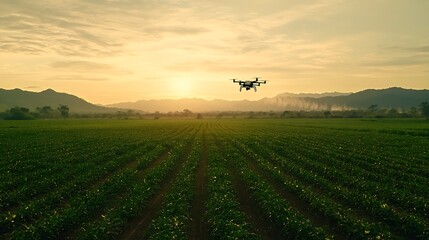 Poster - state of the art drone spraying crops over a lush green plantation captured mid flight against a cle