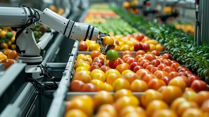 Poster - cutting edge robotic arm meticulously sorting fruits and vegetables in a futuristic clean lined agri