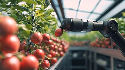 Poster - futuristic robotic arm efficiently sorting and processing various fruits within a clean minimalistic