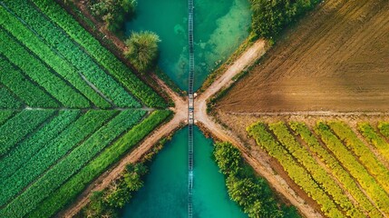Poster - automatic irrigation system watering crops in a symmetrical pattern under the bright sunlight with c