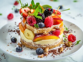 Poster - A beautifully plated raw vegan dessert with fresh fruit. featuring a variety of colorful fruits and nuts. emphasizing raw food diets. Ideal for dessert recipe websites