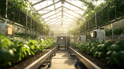 Poster - A sleek and technologically advanced modern greenhouse interior featuring automated machinery lush greenery