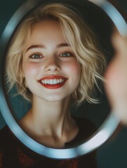 Sticker - Woman with blonde hair and a red lipstick is smiling at the camera. She is looking at her reflection in a mirror