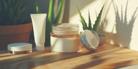 Wall Mural - Table with a few bottles of lotion and a small plant. The bottles are all different sizes and shapes, and the plant is a small green aloe vera. The scene is simple and calming