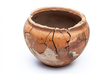 Broken pottery with a hole in the middle. The pot is brown and has a rough texture