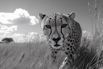 Wall Mural - cheetah is walking through tall grass. the cheetah is looking at the camera
